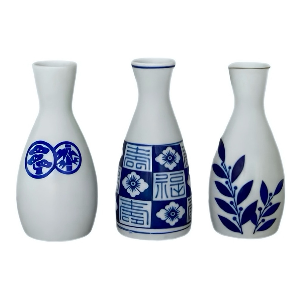 Porcelain Blue and White Sake Pourer Set - 3 Pack